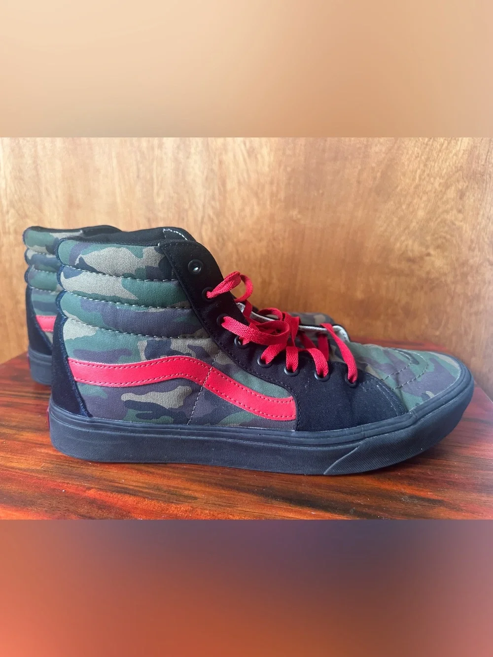 Vans Men’s Custom Camo High-Top Sneakers Red Stripe and Laces- canvas and suede